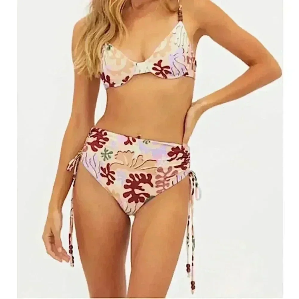 Beach Riot New High Rise Heather Bikini Bottom 70s Size Large Cream Multi